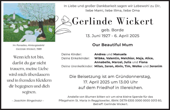 Traueranzeige von Gerlinde Wickert von Illertisser Zeitung