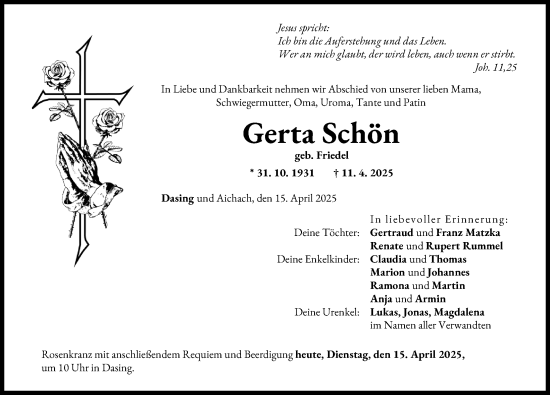 Traueranzeige von Gerta Schön von Friedberger Allgemeine