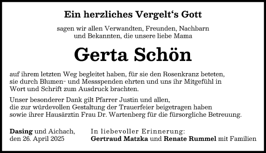 Traueranzeige von Gerta Schön von Friedberger Allgemeine