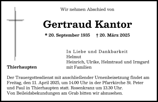 Traueranzeige von Gertraud Kantor von Augsburg-Land