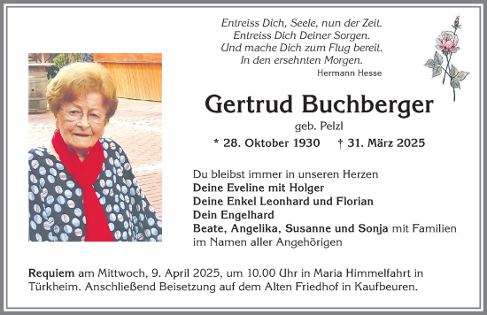 Traueranzeige von Gertrud Buchberger von Mindelheimer Zeitung
