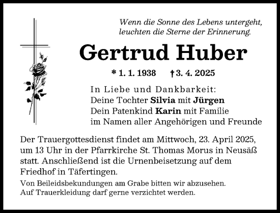 Traueranzeige von Gertrud Huber von Augsburg-Land