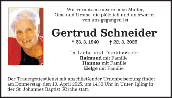 Traueranzeige von Gertrud Schneider von Landsberger Tagblatt
