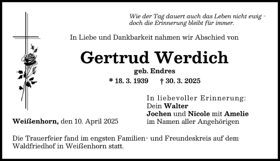Traueranzeige von Gertrud Werdich von Neu-Ulmer Zeitung
