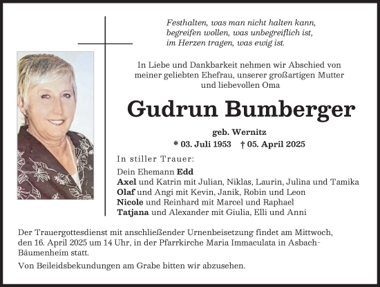 Traueranzeige von Gudrun Bumberger von Donauwörther Zeitung