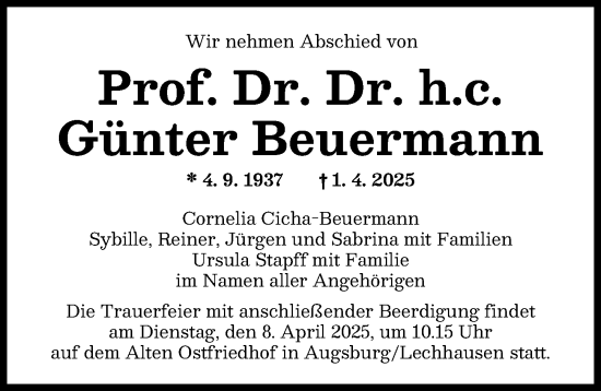 Traueranzeige von Günter Beuermann von Augsburger Allgemeine