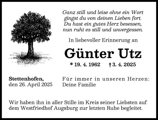 Traueranzeige von Günter Utz von Augsburger Allgemeine