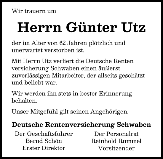 Traueranzeige von Günter Utz von Augsburger Allgemeine