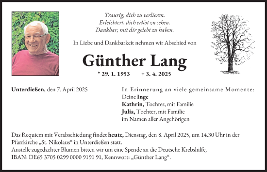 Traueranzeige von Günther Lang von Landsberger Tagblatt