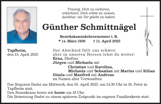 Traueranzeige von Günther Schmittnägel von Donauwörther Zeitung