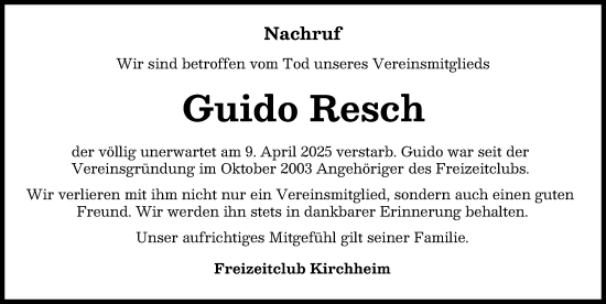 Traueranzeige von Guido Resch von Mindelheimer Zeitung