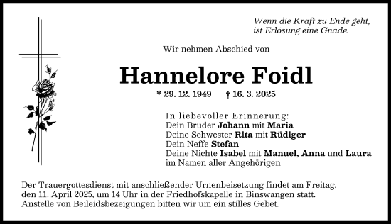 Traueranzeige von Hannelore Foidl von Wertinger Zeitung