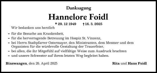 Traueranzeige von Hannelore Foidl von Wertinger Zeitung