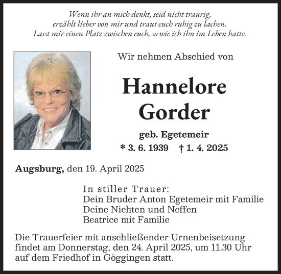 Traueranzeige von Hannelore Gorder von Augsburger Allgemeine