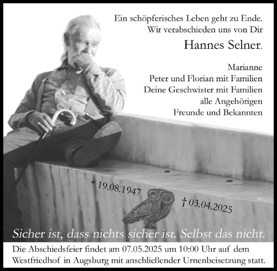 Traueranzeige von Hannes Selner von Augsburger Allgemeine