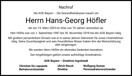 Traueranzeige von Hans-Georg Höfler von Neuburger Rundschau