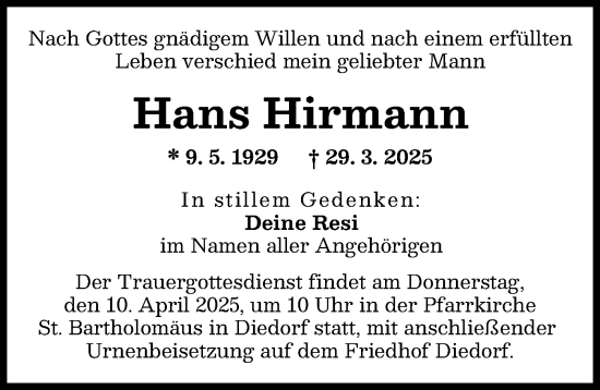 Traueranzeige von Hans Hirmann von Augsburg-Land