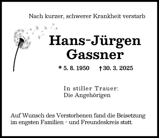 Traueranzeige von Hans-Jürgen Gassner von Augsburger Allgemeine