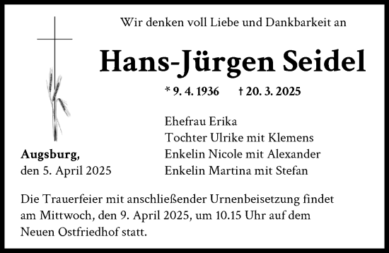 Traueranzeige von Hans-Jürgen Seidel von Augsburger Allgemeine