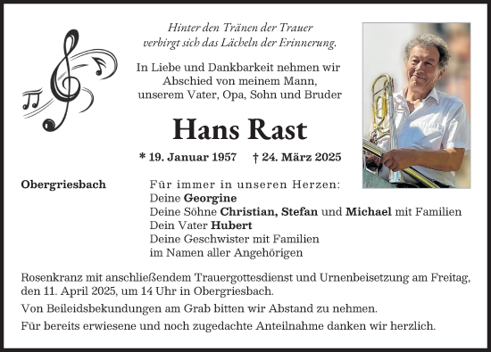 Traueranzeige von Hans Rast von Aichacher Nachrichten