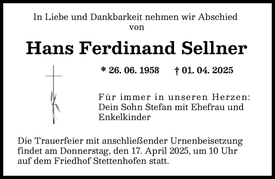 Traueranzeige von Hans Ferdinand Sellner von Augsburger Allgemeine