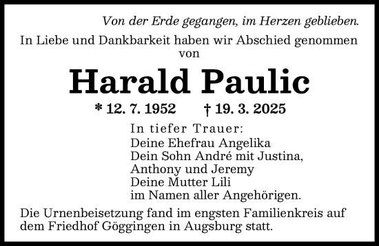 Traueranzeige von Harald Paulic von Augsburger Allgemeine