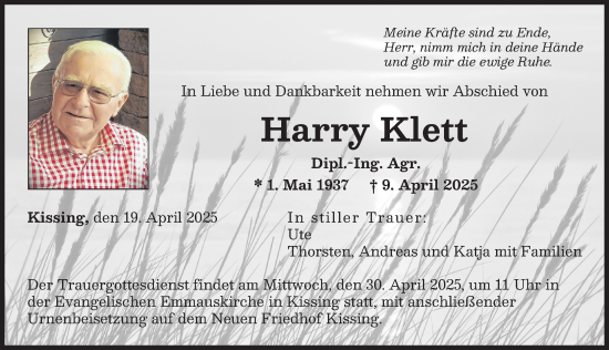 Traueranzeige von Harry Klett von Friedberger Allgemeine, Augsburger Allgemeine