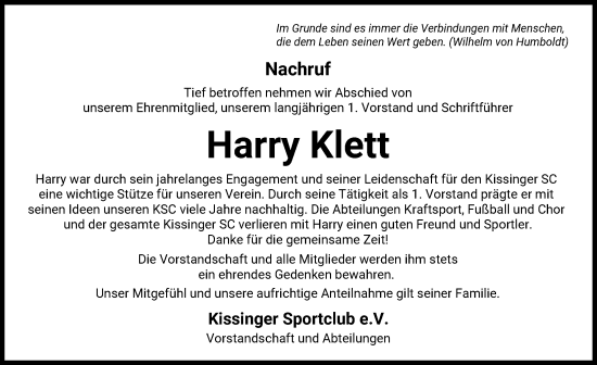 Traueranzeige von Harry Klett von Friedberger Allgemeine