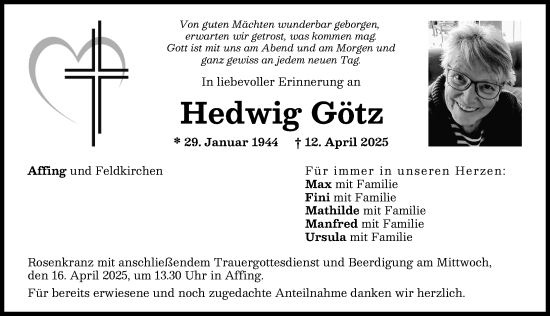 Traueranzeige von Hedwig Götz von Aichacher Nachrichten