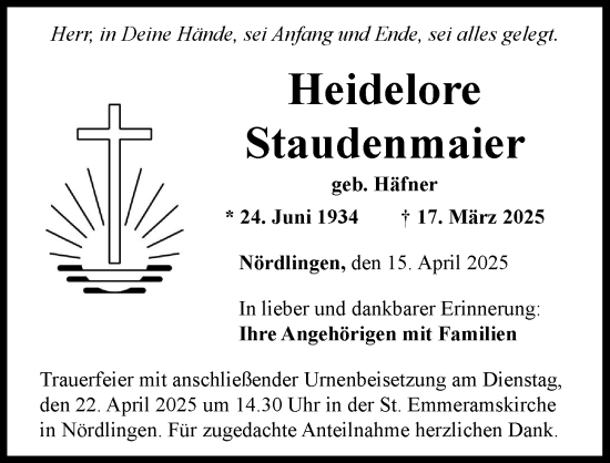 Traueranzeige von Heidelore Staudenmaier von Rieser Nachrichten