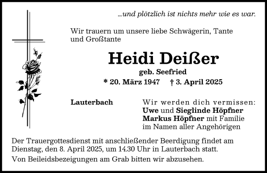 Traueranzeige von Heidi Deißer von Wertinger Zeitung