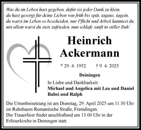 Traueranzeige von Heinrich Ackermann von Rieser Nachrichten