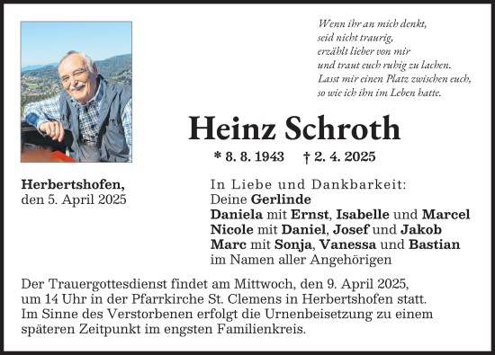 Traueranzeige von Heinz Schroth von Augsburg-Land