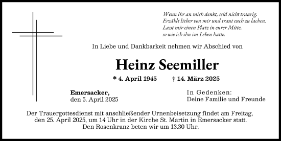 Traueranzeige von Heinz Seemiller von Wertinger Zeitung, Augsburg-Land