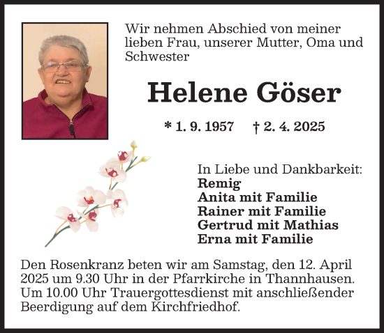 Traueranzeige von Helene Göser von Mittelschwäbische Nachrichten