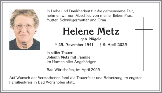 Traueranzeige von Helene Metz von Mindelheimer Zeitung