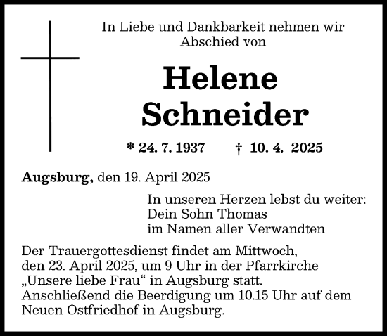 Traueranzeige von Helene Schneider von Augsburger Allgemeine
