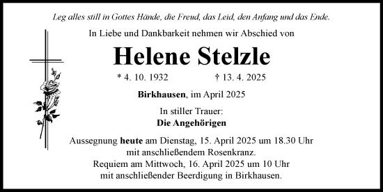 Traueranzeige von Helene Stelzle von Rieser Nachrichten