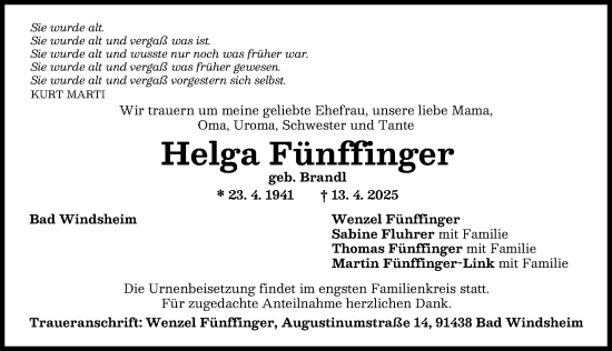 Traueranzeige von Helga Fünffinger von Donauwörther Zeitung, Wertinger Zeitung