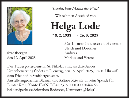 Traueranzeige von Helga Lode von Augsburger Allgemeine