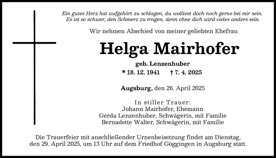 Traueranzeige von Helga Mairhofer von Augsburger Allgemeine