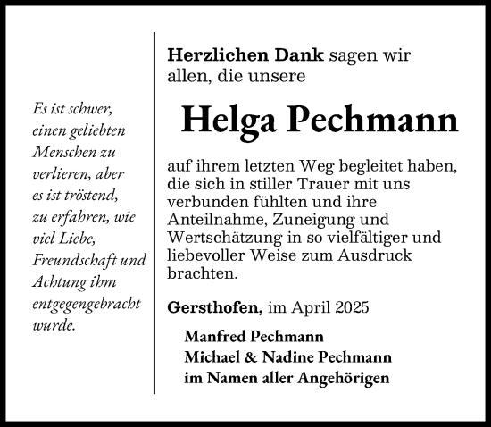 Traueranzeige von Helga Pechmann von Augsburg-Land