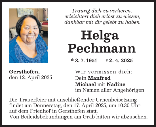 Traueranzeige von Helga Pechmann von Augsburger Allgemeine