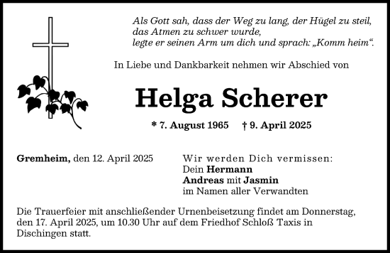 Traueranzeige von Helga Scherer von Donau Zeitung