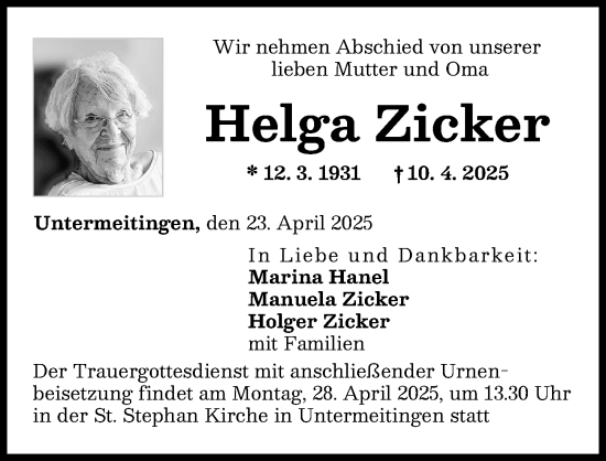 Traueranzeige von Helga Zicker von Schwabmünchner Allgemeine