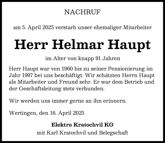 Traueranzeige von Helmar Haupt von Wertinger Zeitung