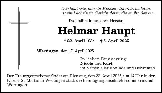 Traueranzeige von Helmar Haupt von Wertinger Zeitung