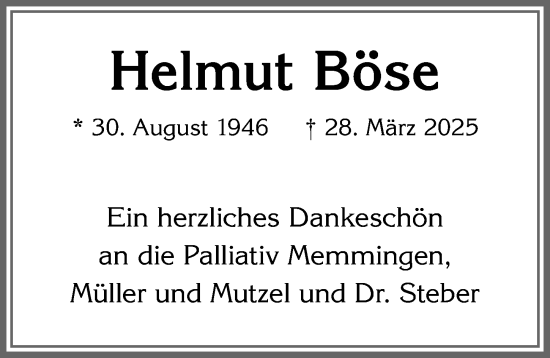 Traueranzeige von Helmut Böse von Mindelheimer Zeitung