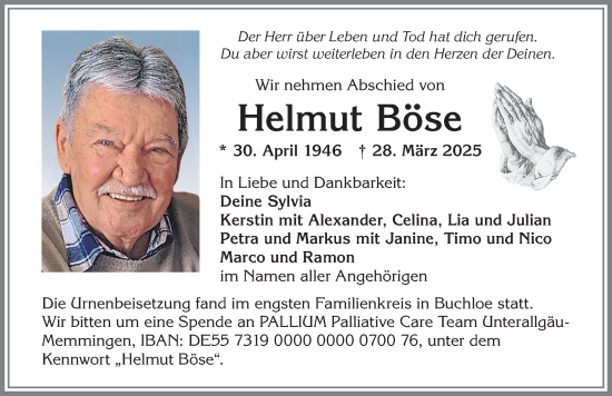 Traueranzeige von Helmut Böse von Mindelheimer Zeitung