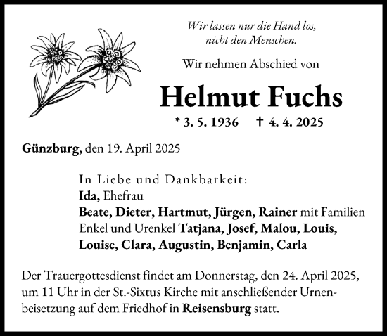 Traueranzeige von Helmut Fuchs von Günzburger Zeitung